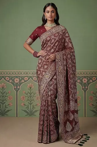 Maroon Color Gold Zari Weaving Pashmina Silk Saree