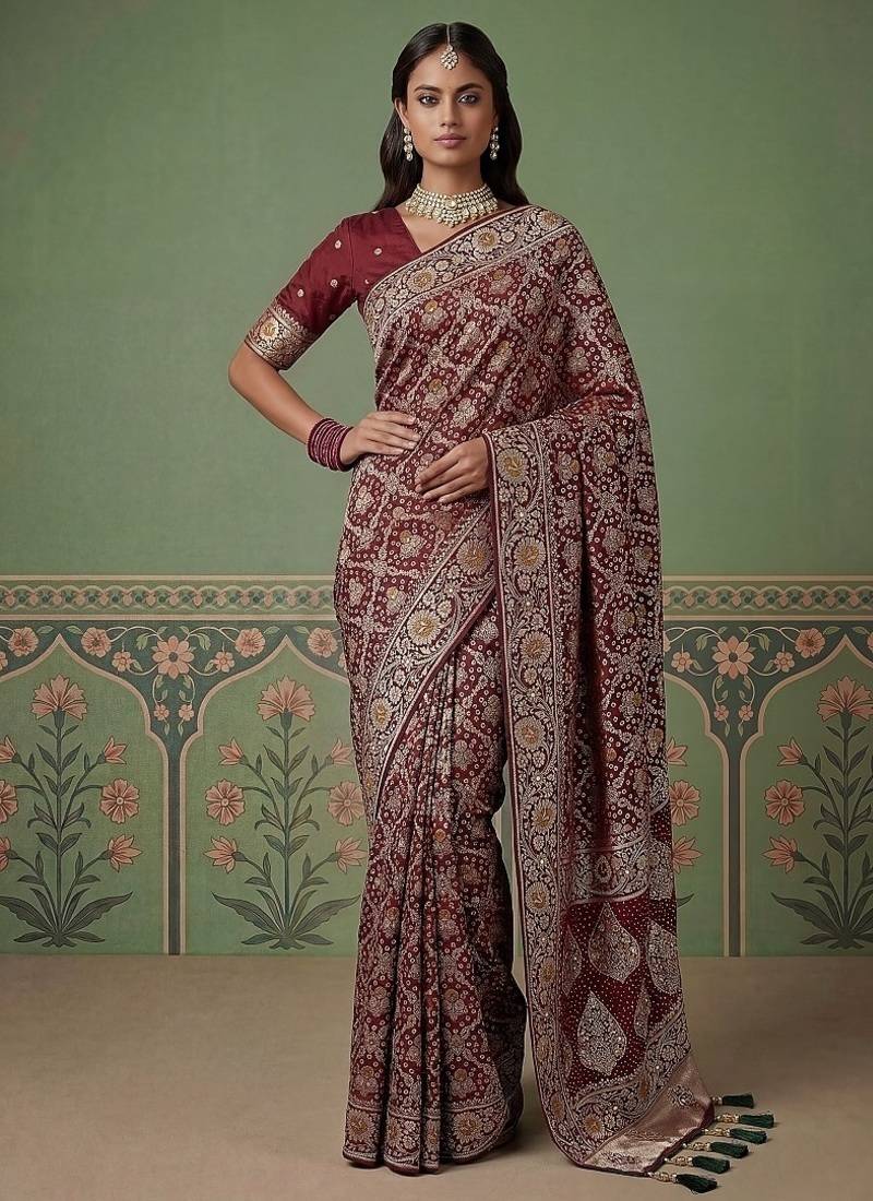 Maroon Color Gold Zari Weaving Pashmina Silk Saree