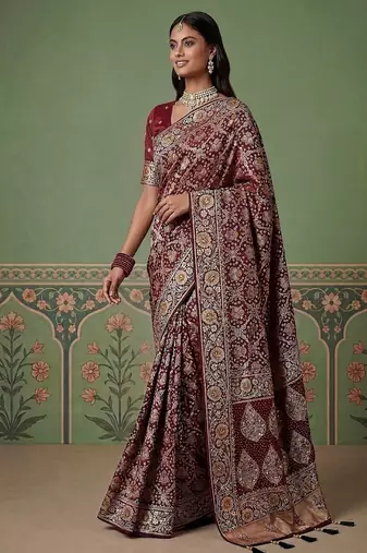 Maroon Color Gold Zari Weaving Pashmina Silk Saree