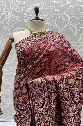 Maroon Color Gold Zari Weaving Pashmina Silk Saree