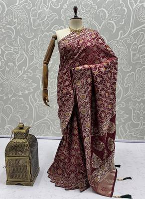Maroon Color Gold Zari Weaving Pashmina Silk Saree 5