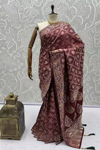 Maroon Color Gold Zari Weaving Pashmina Silk Saree