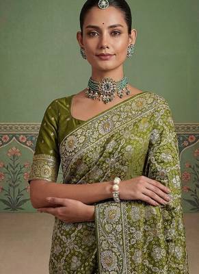 Olive Color Gold Zari Weaving Pashmina Silk Saree 2