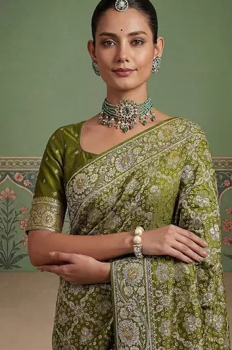 Olive Color Gold Zari Weaving Pashmina Silk Saree