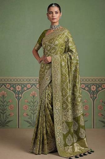 Olive Color Gold Zari Weaving Pashmina Silk Saree