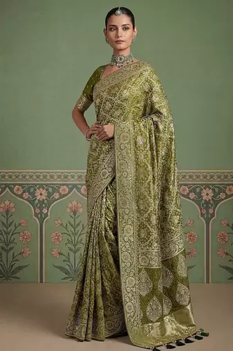 Olive Color Gold Zari Weaving Pashmina Silk Saree