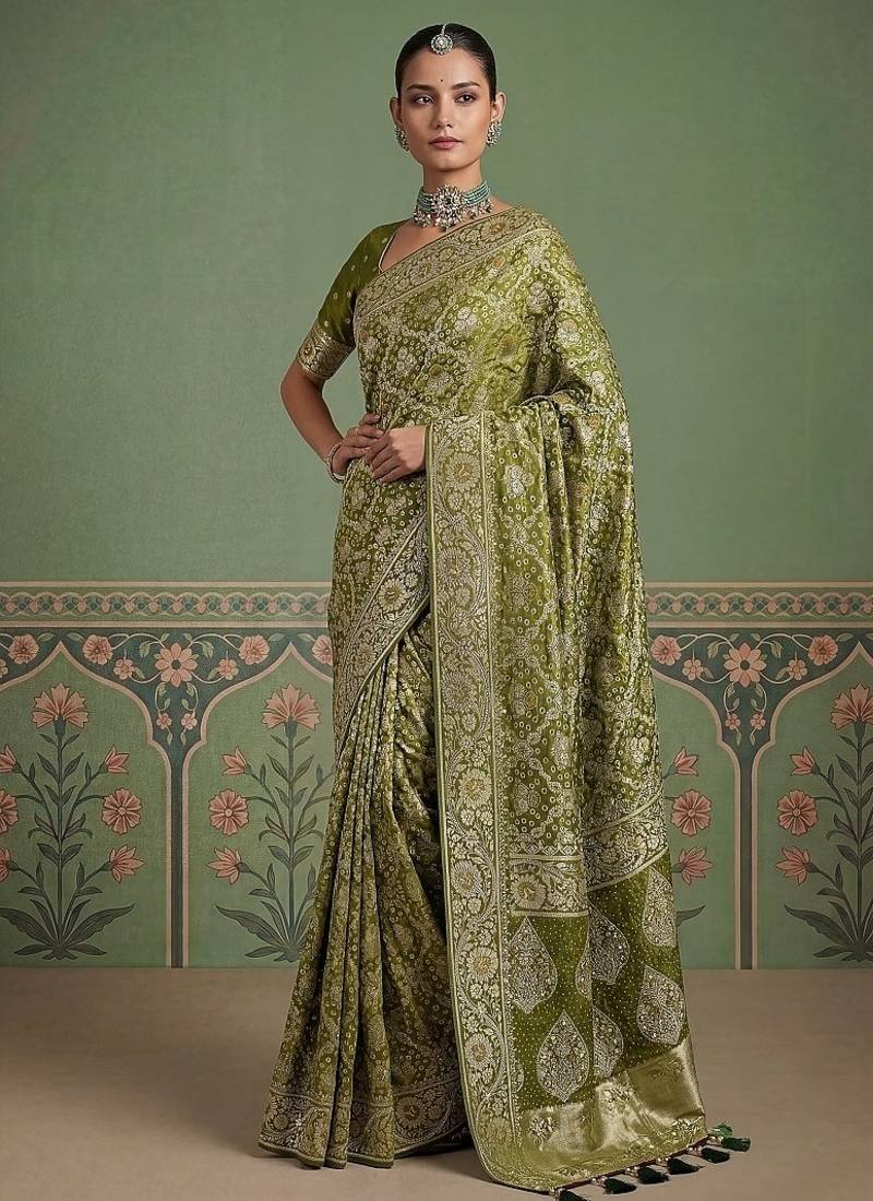 Olive Color Gold Zari Weaving Pashmina Silk Saree