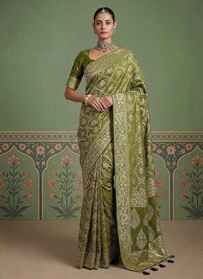 Olive Color Gold Zari Weaving Pashmina Silk Saree 3