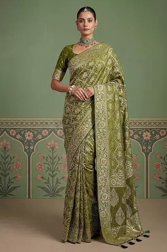 Olive Color Gold Zari Weaving Pashmina Silk Saree