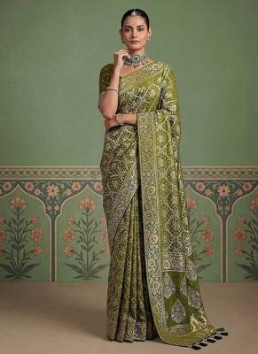 Olive Color Gold Zari Weaving Pashmina Silk Saree 4