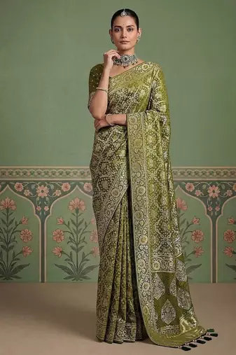 Olive Color Gold Zari Weaving Pashmina Silk Saree