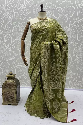 Olive Color Gold Zari Weaving Pashmina Silk Saree