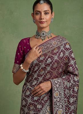 Plum Color Gold Zari Weaving Pashmina Silk Saree 2