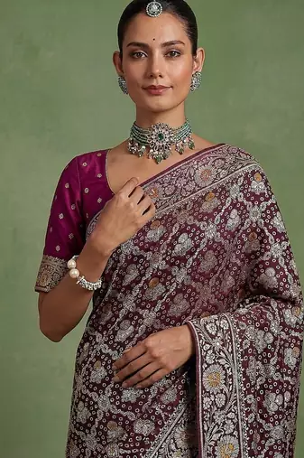 Plum Color Gold Zari Weaving Pashmina Silk Saree