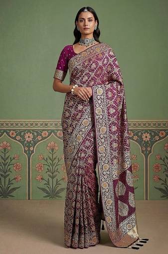 Plum Color Gold Zari Weaving Pashmina Silk Saree