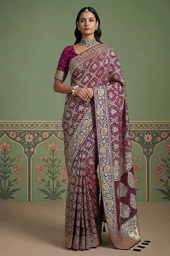 Plum Color Gold Zari Weaving Pashmina Silk Saree