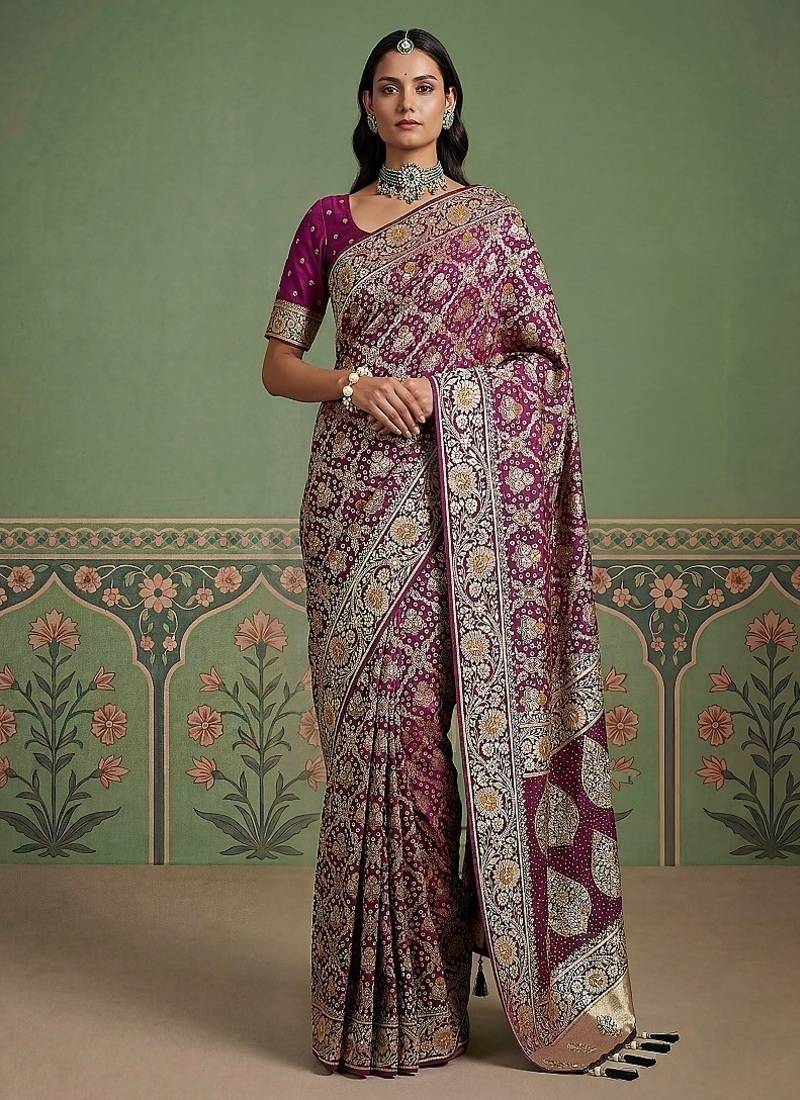 Plum Color Gold Zari Weaving Pashmina Silk Saree