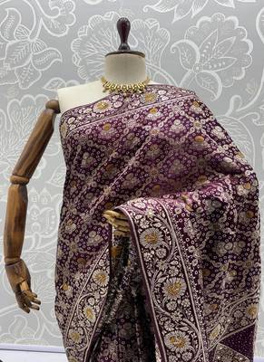 Plum Color Gold Zari Weaving Pashmina Silk Saree 3