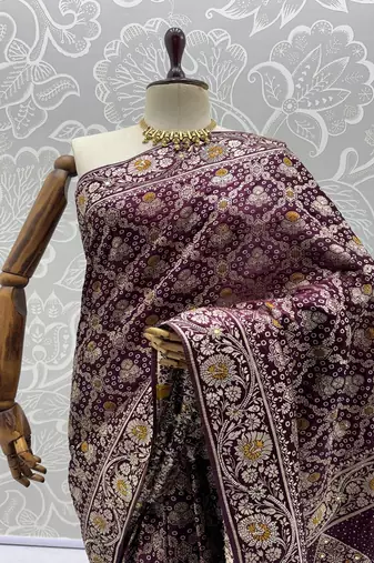 Plum Color Gold Zari Weaving Pashmina Silk Saree