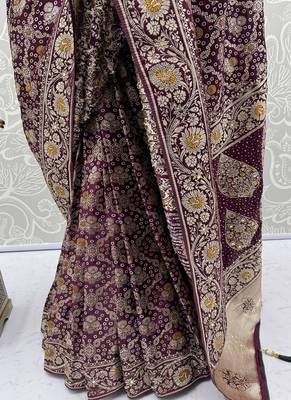 Plum Color Gold Zari Weaving Pashmina Silk Saree 4