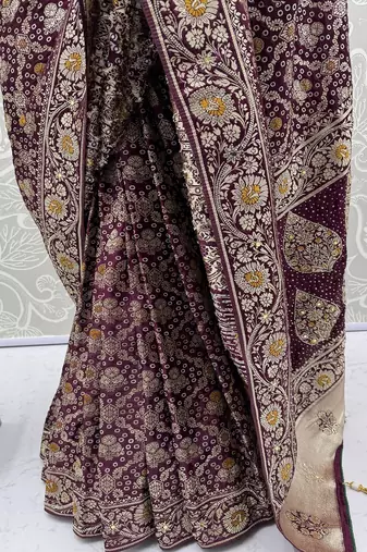Plum Color Gold Zari Weaving Pashmina Silk Saree