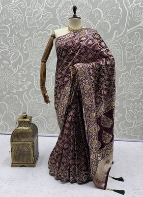 Plum Color Gold Zari Weaving Pashmina Silk Saree 5