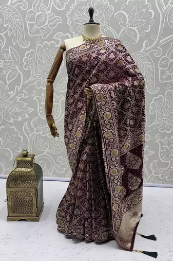 Plum Color Gold Zari Weaving Pashmina Silk Saree