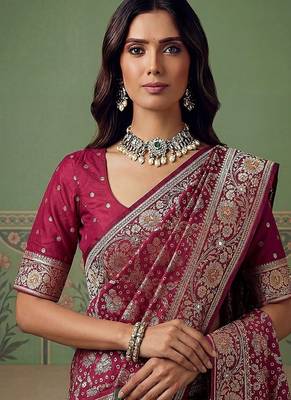 Rani Pink Color Gold Zari Weaving Pashmina Silk Saree 2