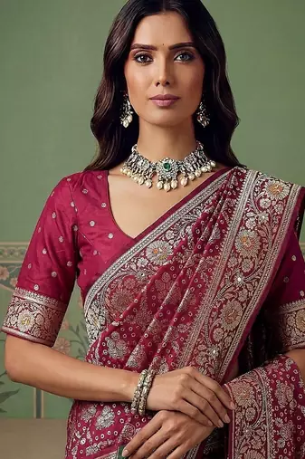 Rani Pink Color Gold Zari Weaving Pashmina Silk Saree