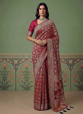 Rani Pink Color Gold Zari Weaving Pashmina Silk Saree 1
