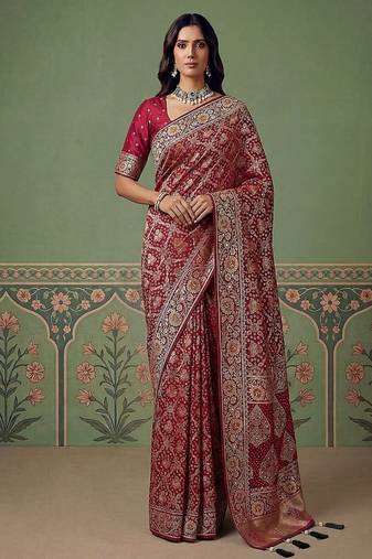 Rani Pink Color Gold Zari Weaving Pashmina Silk Saree