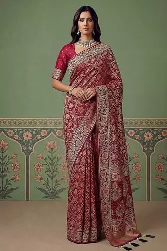 Rani Pink Color Gold Zari Weaving Pashmina Silk Saree