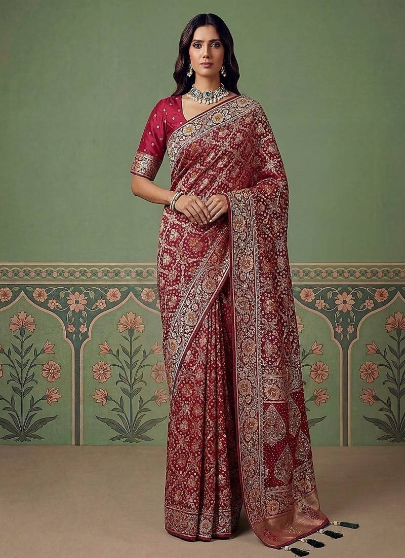 Rani Pink Color Gold Zari Weaving Pashmina Silk Saree