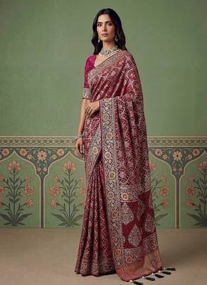Rani Pink Color Gold Zari Weaving Pashmina Silk Saree 3
