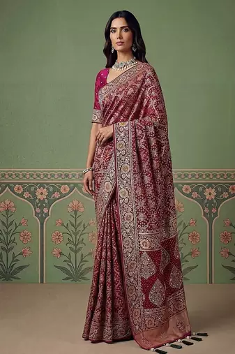 Rani Pink Color Gold Zari Weaving Pashmina Silk Saree