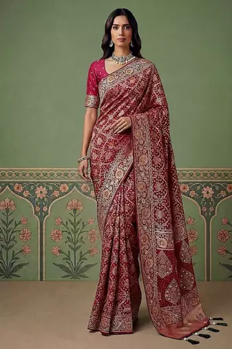 Rani Pink Color Gold Zari Weaving Pashmina Silk Saree