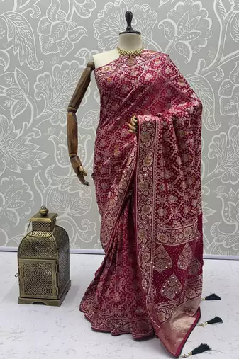 Rani Pink Color Gold Zari Weaving Pashmina Silk Saree