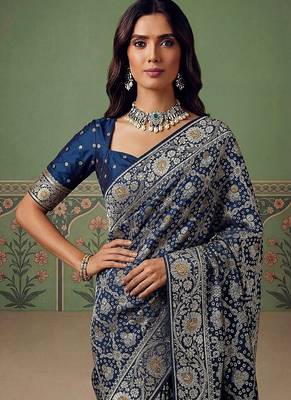 Teal Color Gold Zari Weaving Pashmina Silk Saree 2