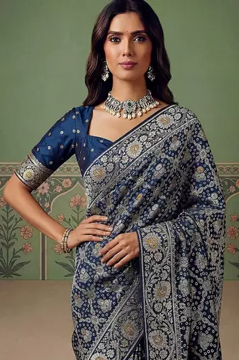 Teal Color Gold Zari Weaving Pashmina Silk Saree