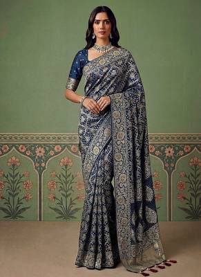 Teal Color Gold Zari Weaving Pashmina Silk Saree 3