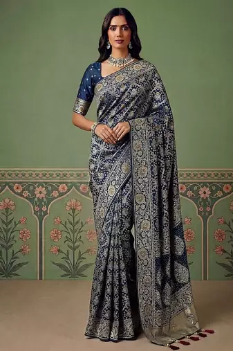 Teal Color Gold Zari Weaving Pashmina Silk Saree