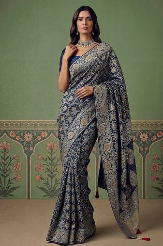 Teal Color Gold Zari Weaving Pashmina Silk Saree