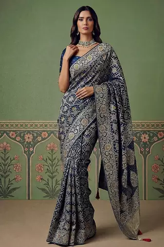 Teal Color Gold Zari Weaving Pashmina Silk Saree