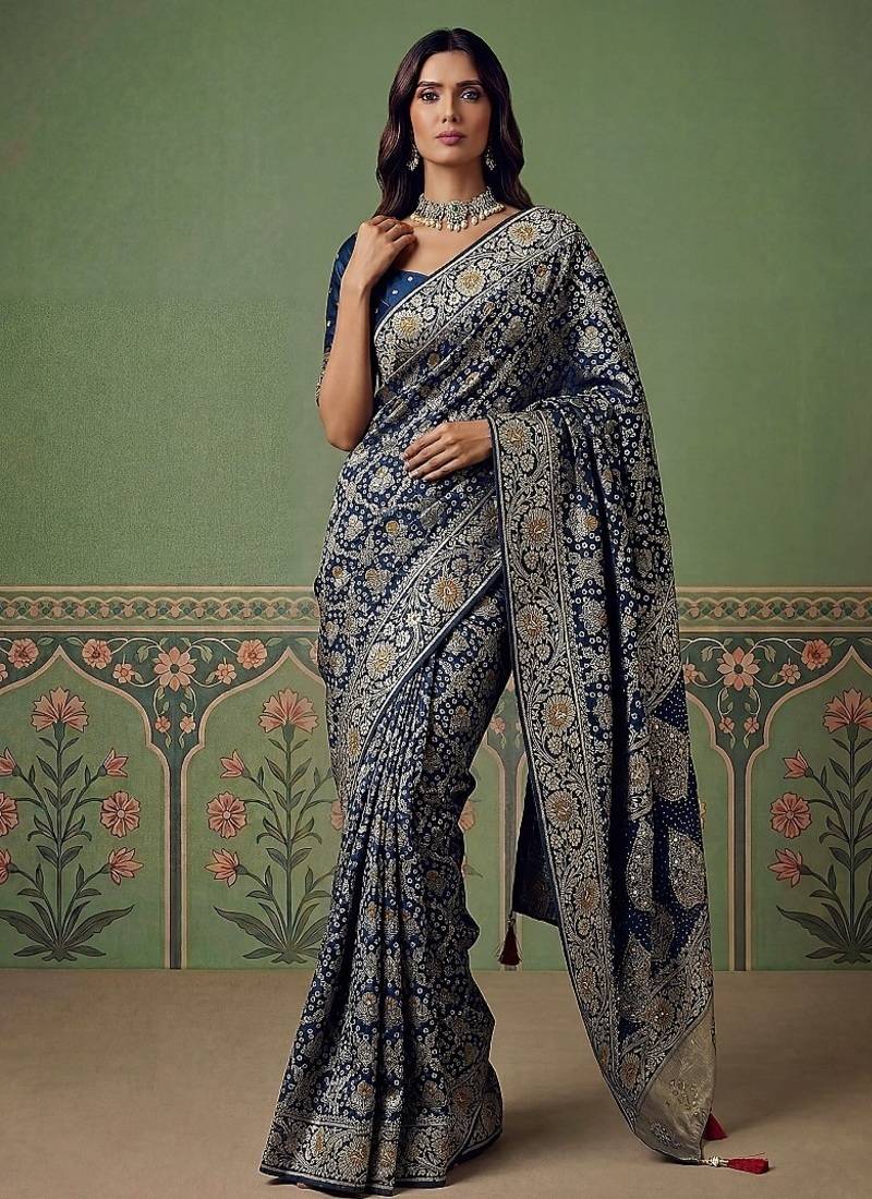 Teal Color Gold Zari Weaving Pashmina Silk Saree