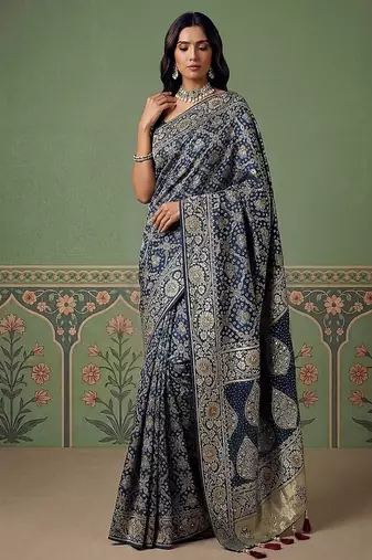 Teal Color Gold Zari Weaving Pashmina Silk Saree