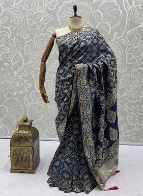 Teal Color Gold Zari Weaving Pashmina Silk Saree 5