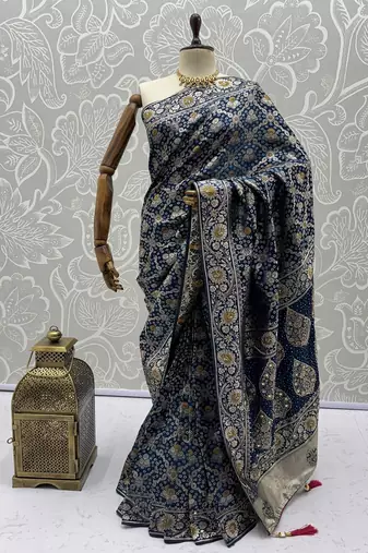 Teal Color Gold Zari Weaving Pashmina Silk Saree