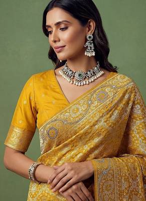 Yellow Color Gold Zari Weaving Pashmina Silk Saree 2