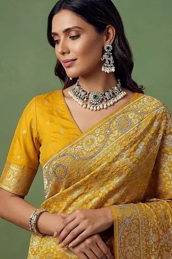 Yellow Color Gold Zari Weaving Pashmina Silk Saree