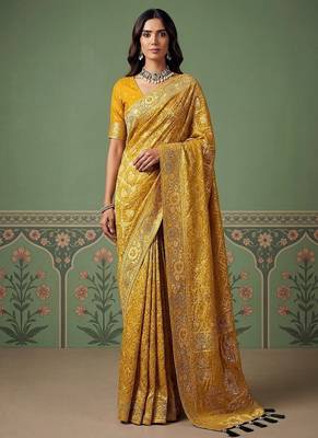 Yellow Color Gold Zari Weaving Pashmina Silk Saree 3